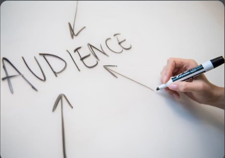 A hand mapping an audience on a whiteboard